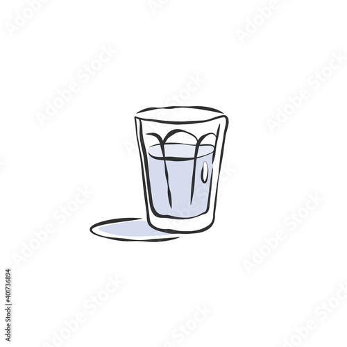 Glass shot vodka with shadow. Drink element. Color object. Retro wineglass hand draw for any purposes. Restaurant illustration. Simple sketch. Isolated on white background in engraving style