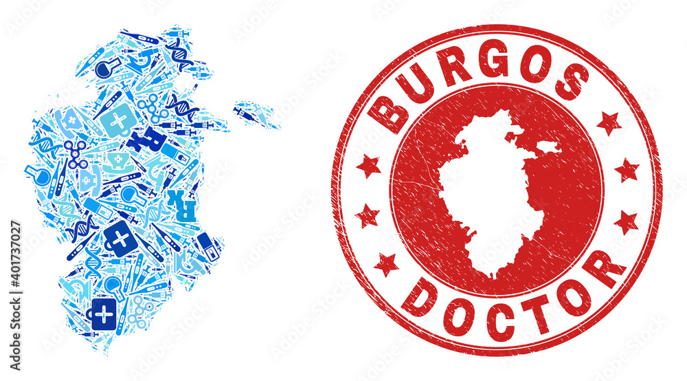 Vector collage Burgos Province map with treatment icons, chemical symbols, and grunge health care seal. Red round seal with distress rubber texture and Burgos Province map word and map. Vector collage Burgos Province map with treatment icons, chemical symbols, and grunge health care seal. Red round seal with distress rubber texture and Burgos Province map word and map.