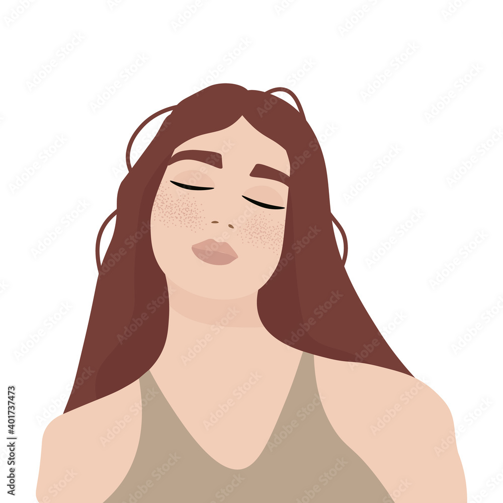 Smiling beautiful red hair girl with
freckles. Nice vector flat illustration on a white background for the design of materials about cosmetics, skin, personal care. Portrait of girl with long hair. Smiling beautiful red hair girl with
freckles. Nice vector flat illustration on a white background for the design of materials about cosmetics, skin, personal care. Portrait of girl with long hair.