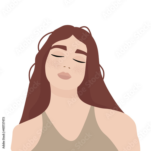 Smiling beautiful red hair girl with freckles. Nice vector flat illustration on a white background for the design of materials about cosmetics, skin, personal care. Portrait of girl with long hair.