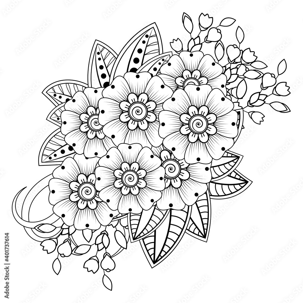 Mehndi flower decoration in ethnic oriental, indian style. doodle ornament. outline hand draw illustration. coloring book page. Mehndi flower decoration in ethnic oriental, indian style. doodle ornament. outline hand draw illustration. coloring book page.