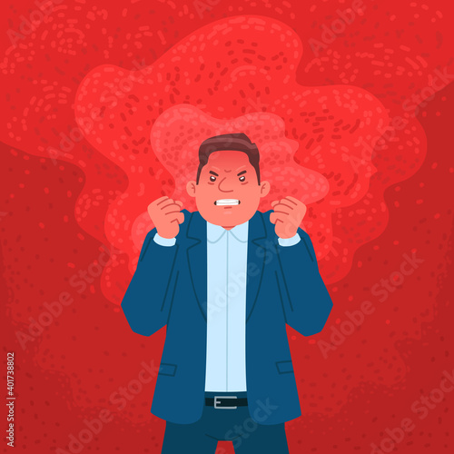 Businessman expressing anger. Angry man in a flame of rage. Vector illustration