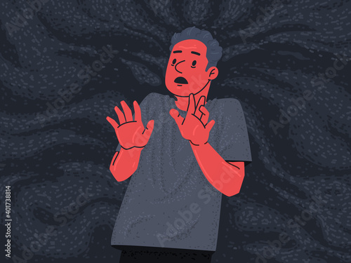 A frightened man in a pool of fear. Phobias and mental disorders. Vector illustration