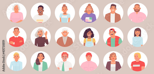 Collection of avatars. A set of portraits of people in a round frame. Men and women of different ages