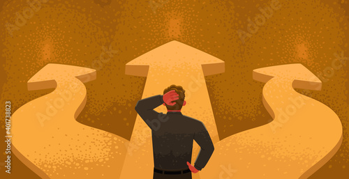 Choosing a path. A confused businessman stands at a fork in the road and tries to choose the right direction