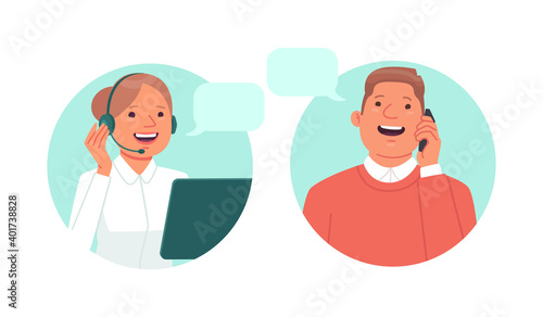 Customer service. The call center hotline operator speaks on the phone with the client