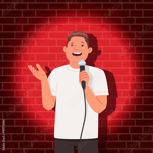 Stand up comedian performance. Comedy show. A man with a microphone