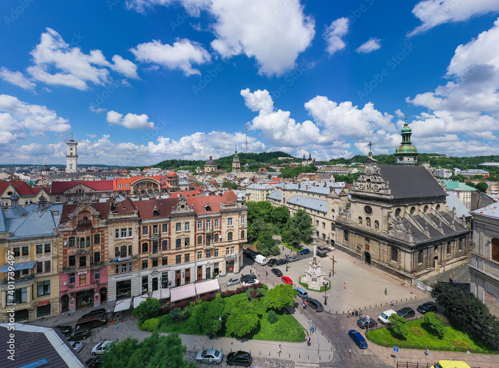 Aerial view on Bernardine church in Lviv from drone