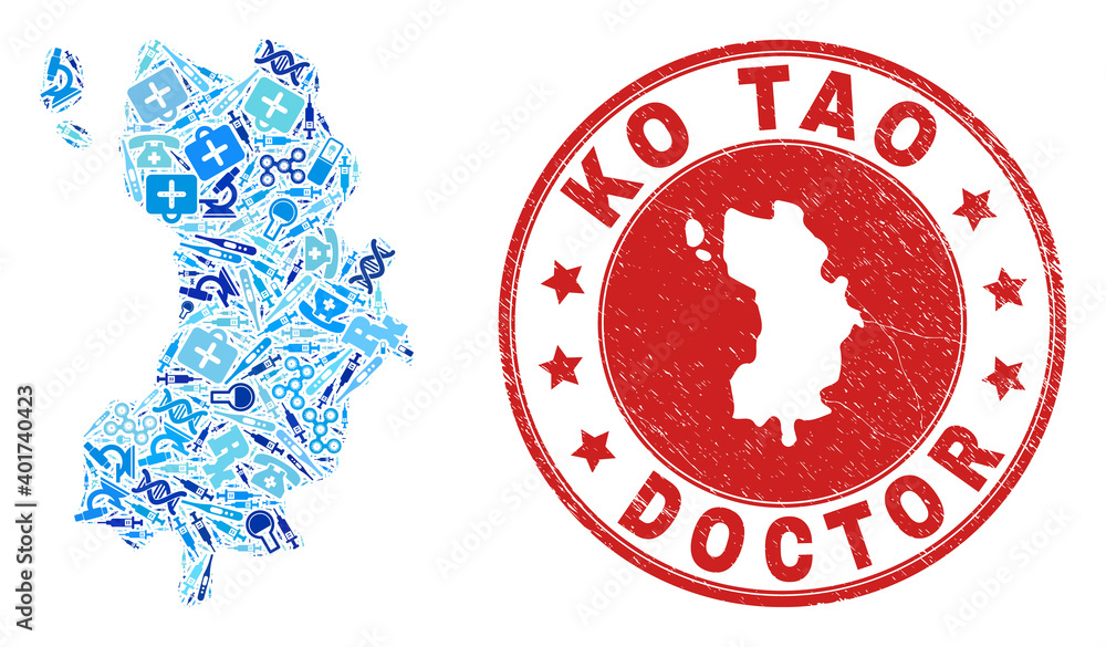 Vector mosaic Ko Tao map with vaccination icons, medicine symbols, and grunge health care rubber imitation. Red round watermark with unclean rubber texture and Ko Tao map text and map. Vector mosaic Ko Tao map with vaccination icons, medicine symbols, and grunge health care rubber imitation. Red round watermark with unclean rubber texture and Ko Tao map text and map.