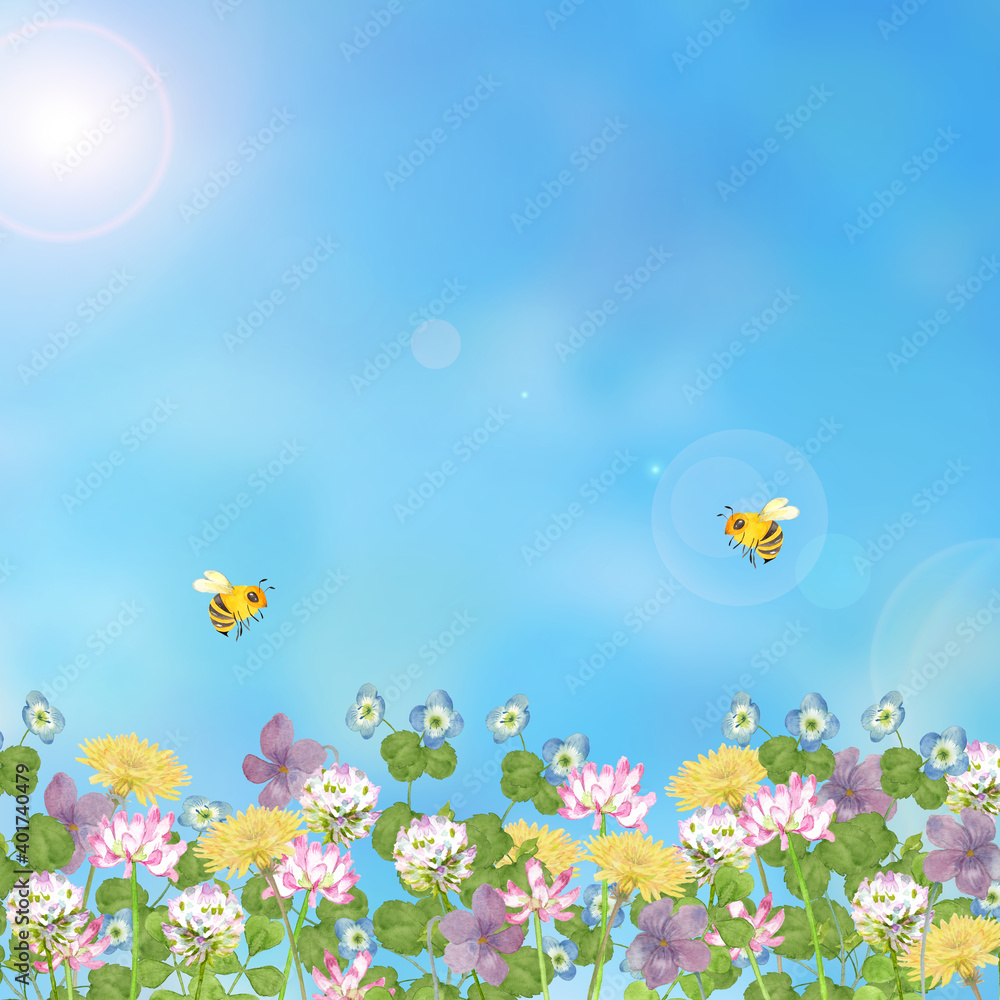 春の草花と蜂　水彩イラスト