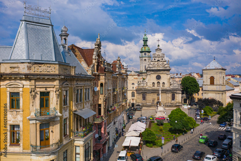 Fototapeta premium Aerial view on Bernardine church in Lviv from drone