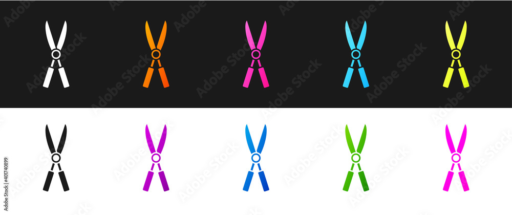 Set Gardening handmade scissors for trimming icon isolated on black and white background. Pruning shears with wooden handles. Vector Illustration. Set Gardening handmade scissors for trimming icon isolated on black and white background. Pruning shears with wooden handles. Vector Illustration.