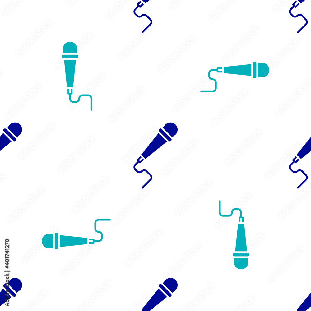 Blue Microphone icon isolated seamless pattern on white background. On air radio mic microphone. Speaker sign. Vector Illustration. Blue Microphone icon isolated seamless pattern on white background. On air radio mic microphone. Speaker sign. Vector Illustration.