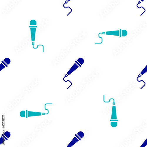 Blue Microphone icon isolated seamless pattern on white background. On air radio mic microphone. Speaker sign. Vector Illustration.