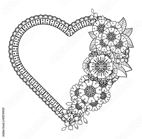 Circular pattern in form of mandala with frame in shape of heart. Decorative ornament in ethnic oriental mehndi style.