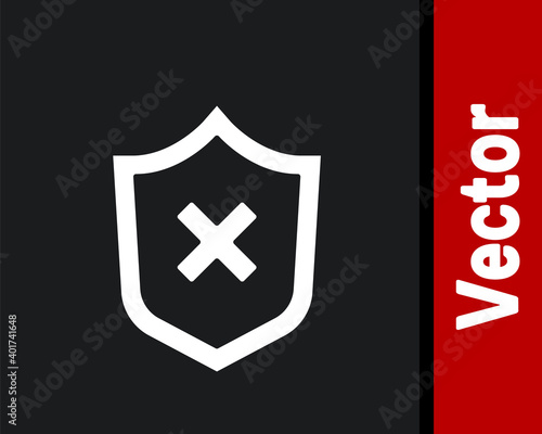 White Shield with cross mark icon isolated on black background. Shield and rejected. Notice of refusal. Vector.
