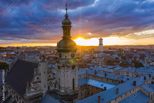 Aerial view on Bernardine church in Lviv from drone