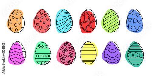 Easter eggs black outline with colored background. Doodle style. Vector illustration on a white isolated background.