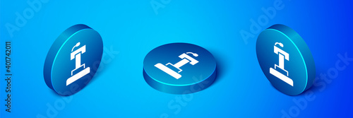 Isometric Stage stand or debate podium rostrum icon isolated on blue background. Conference speech tribune. Blue circle button. Vector.