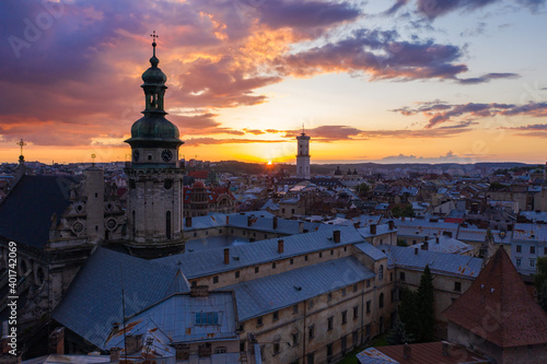 Aerial view on Bernardine church in Lviv from drone