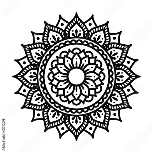 Circular pattern in form of mandala for Henna, Mehndi, tattoo, decoration. Decorative ornament in ethnic oriental style. Coloring book page.