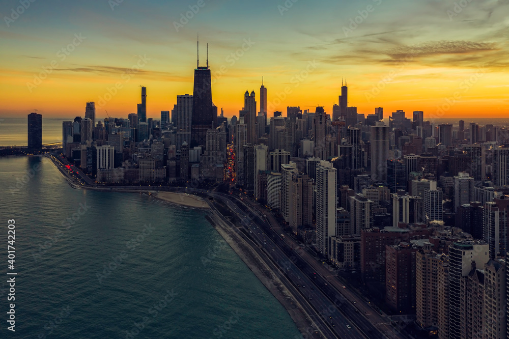 Sunset above Chicago Downtown, United States. Aerial view