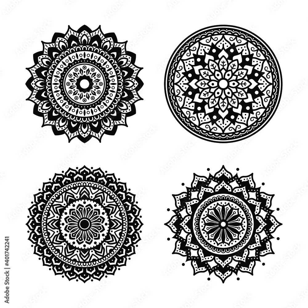 Circular pattern in form of mandala for Henna, Mehndi, tattoo, decoration. Decorative ornament in ethnic oriental style. Coloring book page. Circular pattern in form of mandala for Henna, Mehndi, tattoo, decoration. Decorative ornament in ethnic oriental style. Coloring book page.