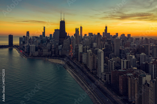 Sunset above Chicago Downtown  United States. Aerial view