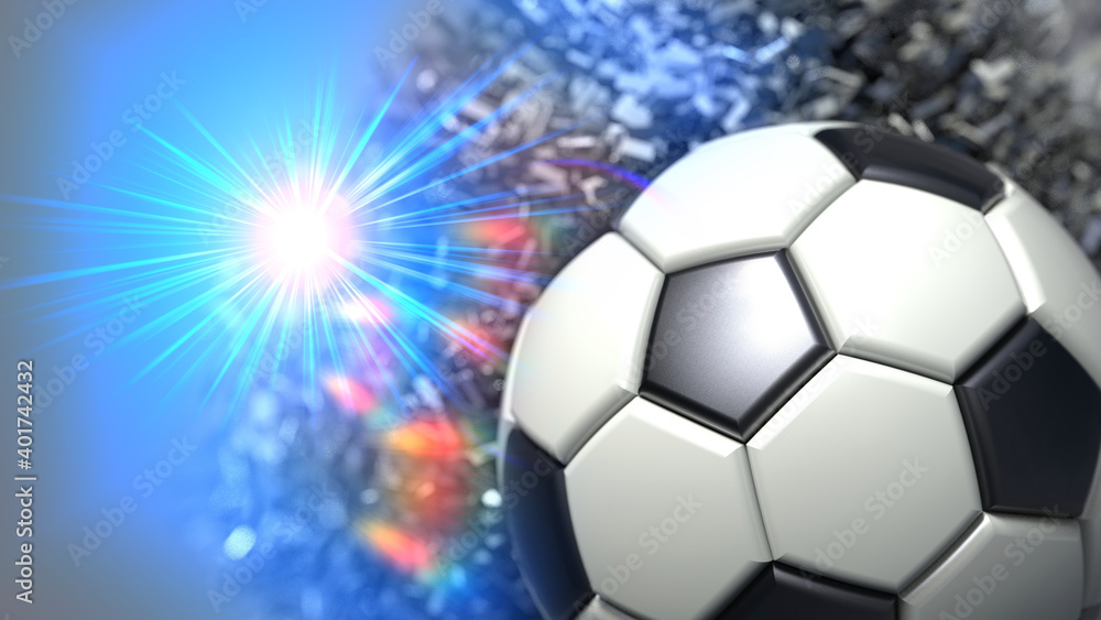 Naklejka premium Soccer ball with blue flash flare light with particle under gray background. 3D illustration. 3D CG. 3D high quality rendering.