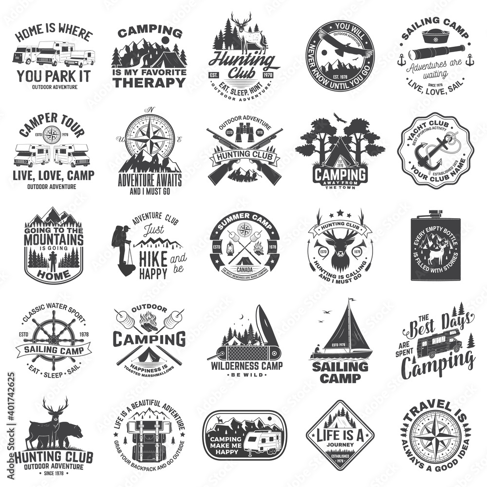 Obraz premium Set of sailing club, hunting club and camping badges, patches. Vector. Concept for shirt or logo, print, stamp or tee. Design with sailing boat, motor home, camping trailer silhouette.