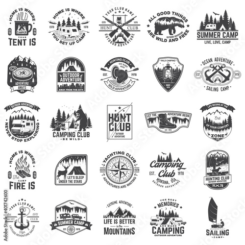 Set of sailing club, hunting club and camping badges, patches. Vector. Concept for shirt or logo, print, stamp or tee. Design with sailing boat, motor home, camping trailer silhouette.