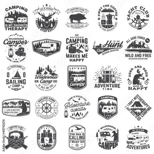 Set of sailing club, hunting club and camping badges, patches. Vector. Concept for shirt or logo, print, stamp or tee. Design with sailing boat, motor home, camping trailer silhouette.