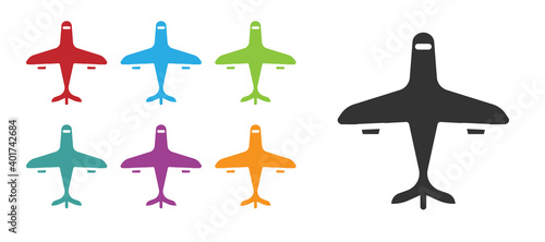 Black Plane icon isolated on white background. Flying airplane icon. Airliner sign. Set icons colorful. Vector.