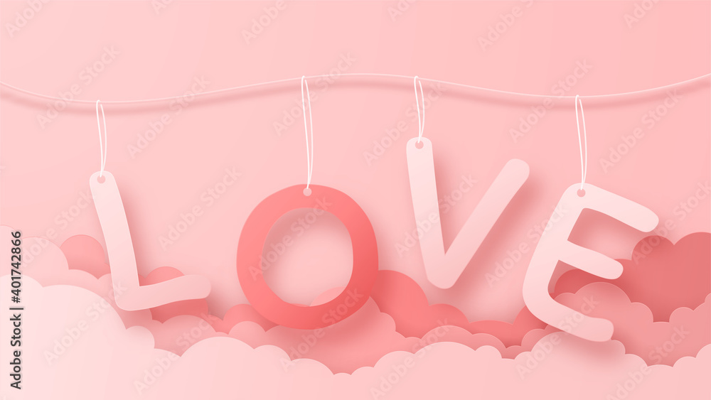 3D origami hot air balloon flying with heart love text background. Love concept design for happy mother's day, valentine's day, birthday day.Vector paper art illustration.