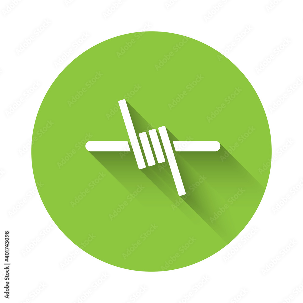 White Barbed wire icon isolated with long shadow. Green circle button. Vector. White Barbed wire icon isolated with long shadow. Green circle button. Vector.