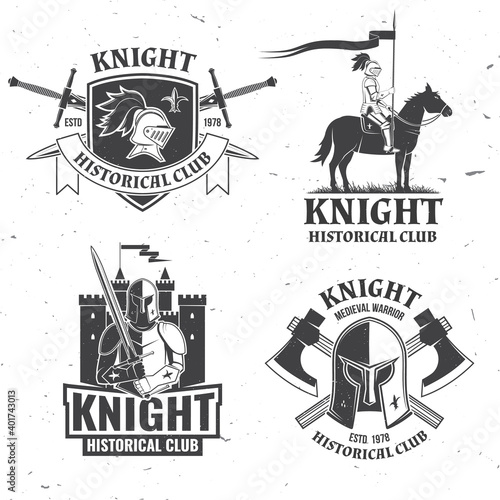 Set of knight historical club badge design Vector Concept for shirt, print, stamp, overlay or template. Vintage typography design with knight, knight on a horse, swords castle silhouette