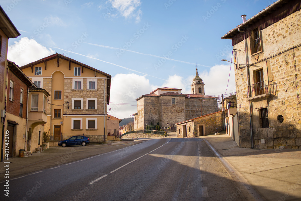 Vifranca Montes de Oca, Spain, January 10, 2019: Scenes from the Camino de Santiago as it passes through Montes de Oca, province of Burgos, Spain. Santiago church