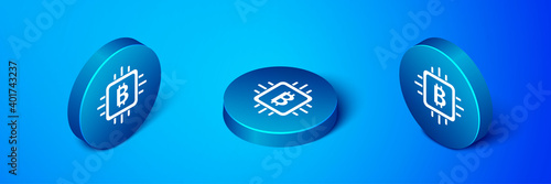 Isometric CPU mining farm icon isolated on blue background. Bitcoin sign inside processor. Cryptocurrency mining community. Digital money. Blue circle button. Vector.