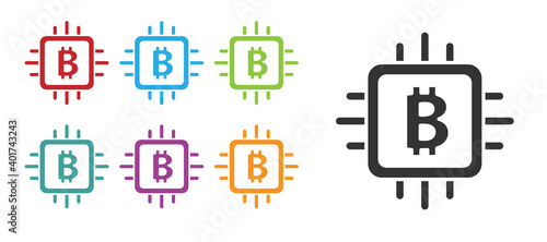 Black CPU mining farm icon isolated on white background. Bitcoin sign inside processor. Cryptocurrency mining community. Digital money. Set icons colorful. Vector.