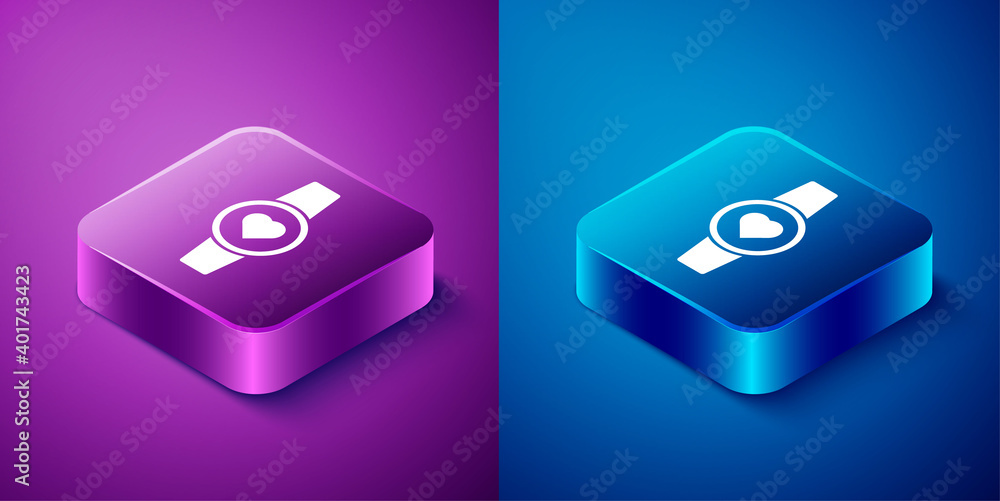 Isometric Smartwatch icon isolated on blue and purple background. Square button. Vector. Isometric Smartwatch icon isolated on blue and purple background. Square button. Vector.