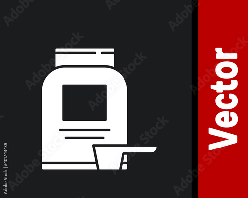 White Sports nutrition bodybuilding proteine power drink and food icon isolated on black background. Vector.