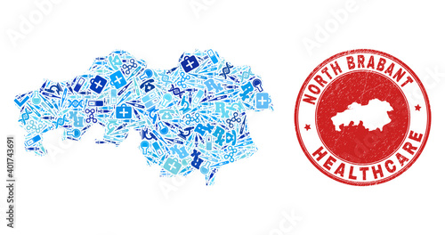 Vector collage North Brabant Province map with injection icons, test symbols, and grunge doctor rubber imitation.