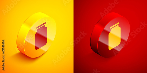 Isometric Glass jar with screw-cap icon isolated on orange and red background. Circle button. Vector.