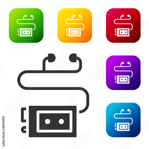 Black Museum audio guide icon isolated on white background. Headphones for excursions. Set icons in color square buttons. Vector.