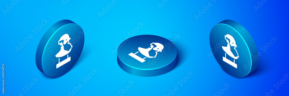 Isometric Ancient bust sculpture icon isolated on blue background. Blue circle button. Vector. Isometric Ancient bust sculpture icon isolated on blue background. Blue circle button. Vector.