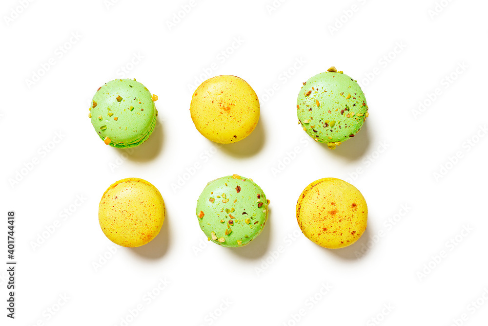 Differents colored macaroons isolated on white. Top view