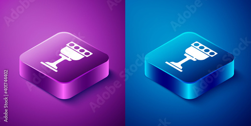 Isometric Medieval goblet icon isolated on blue and purple background. Holy grail. Square button. Vector.