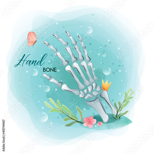 Medical orthopedic watercolor background. Treatment for orthopedics traumatology of hand bones and joints injury. Medical presentation, hospital. Vector illustration
