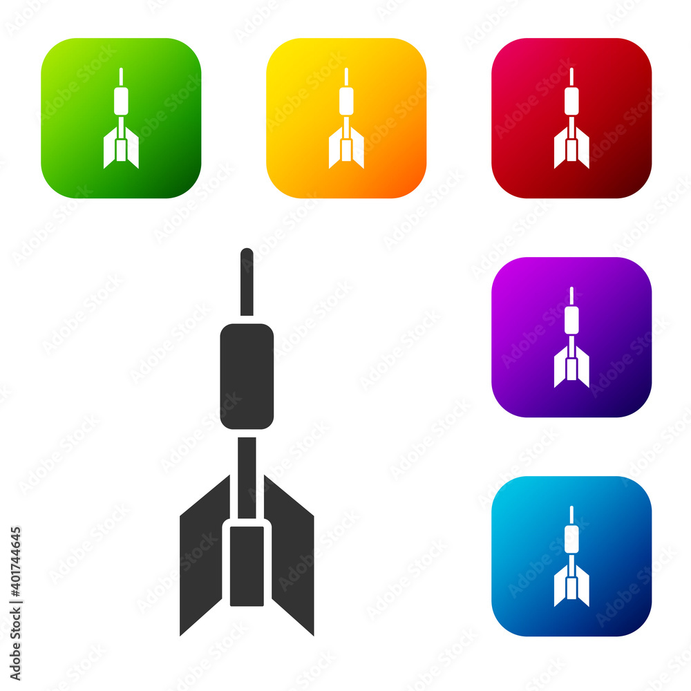 Black Dart arrow icon isolated on white background. Set icons in color square buttons. Vector. Black Dart arrow icon isolated on white background. Set icons in color square buttons. Vector.