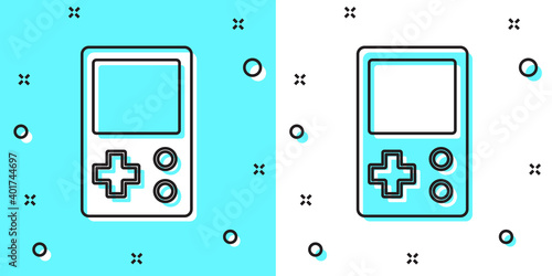 Black line Portable tetris electronic game icon isolated on green and white background. Vintage style pocket brick game. Interactive playing device. Random dynamic shapes. Vector.